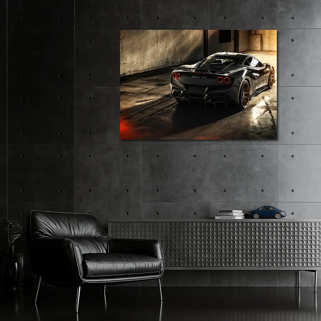 Ferrari F8 Black Supercar Warehouse Rear View – Wall Art