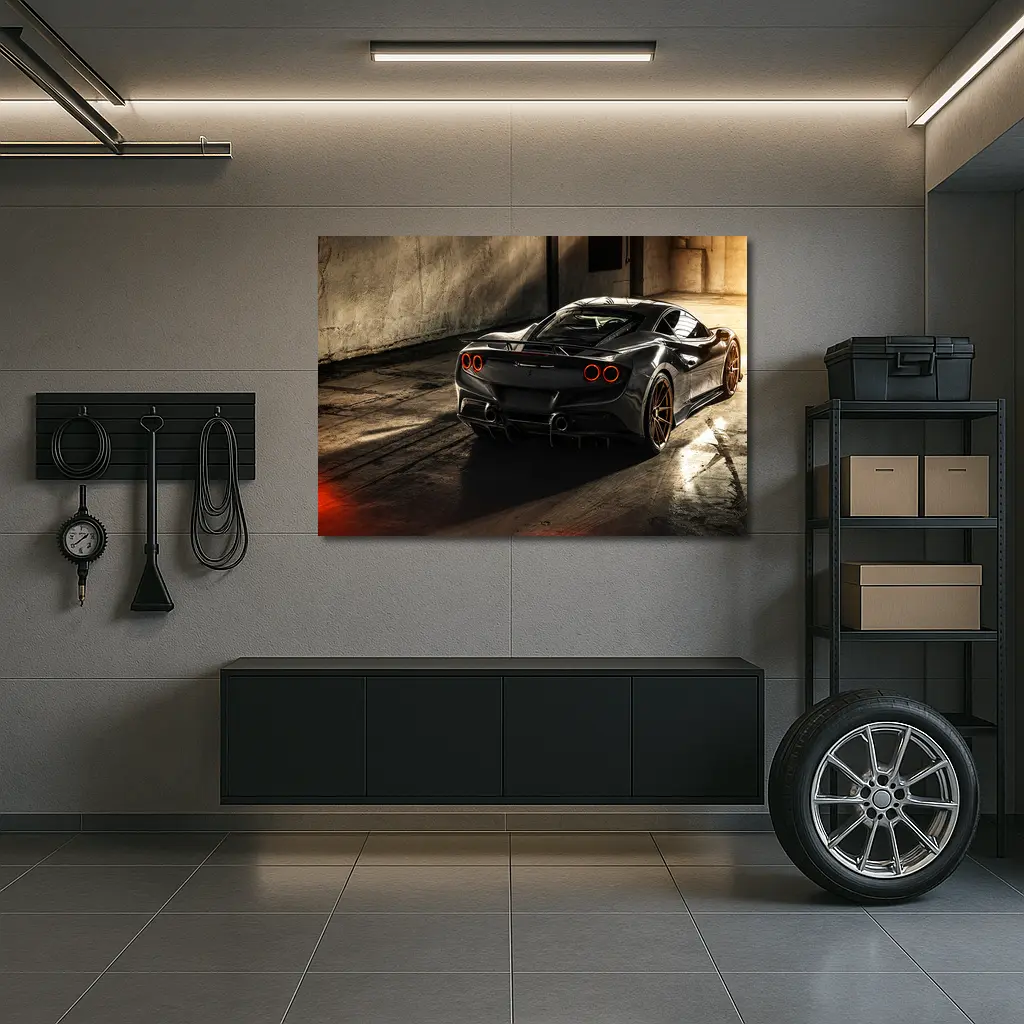Ferrari F8 Black Supercar Warehouse Rear View – Wall Art