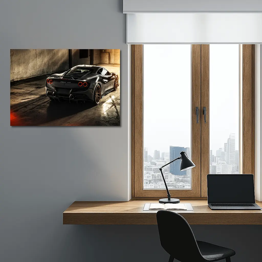 Ferrari F8 Black Supercar Warehouse Rear View – Wall Art