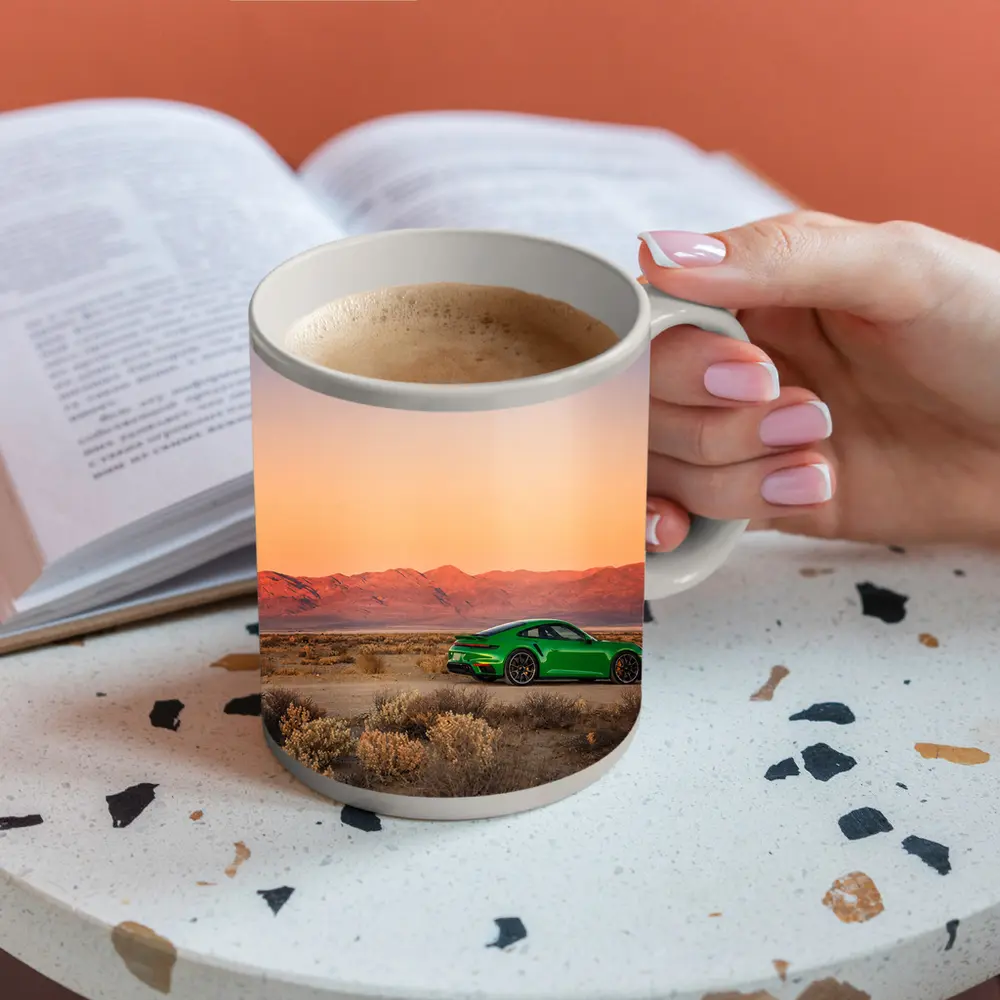 Porsche 911 Green Desert Sunset Mountains – Mugs