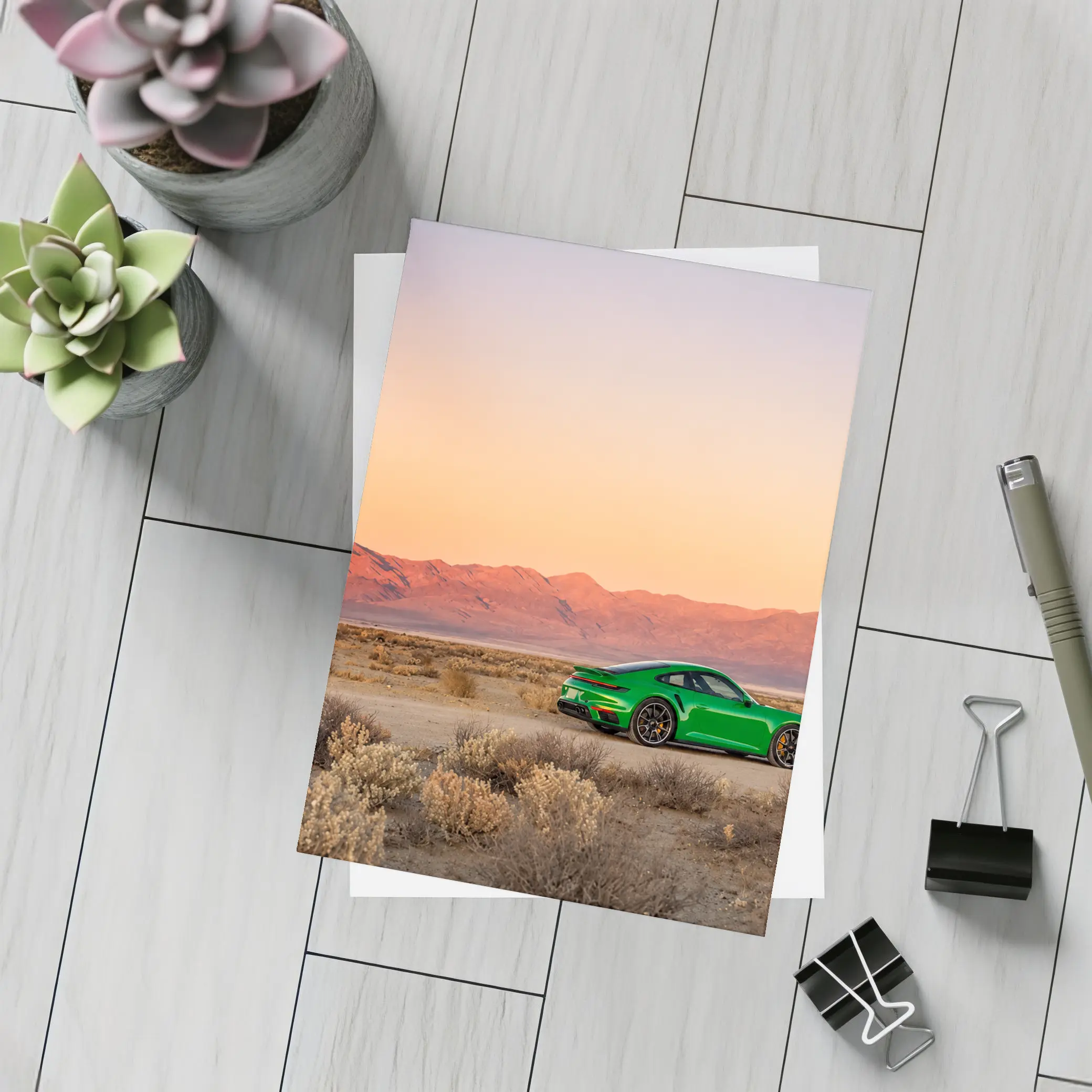 Porsche 911 Green Desert Sunset Mountains – Postcards