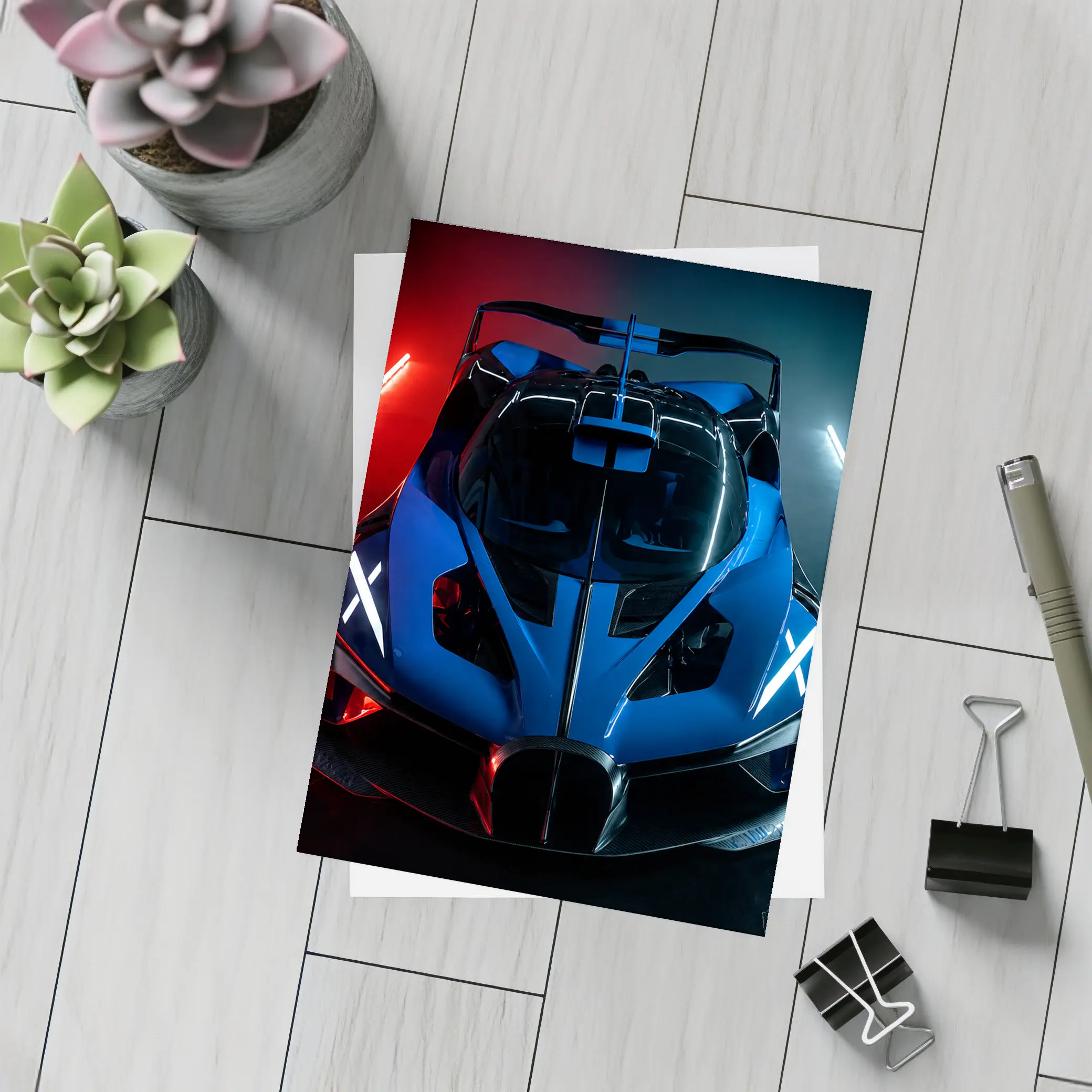 Bugatti Bolide Blue Supercar Neon Studio – Postcards