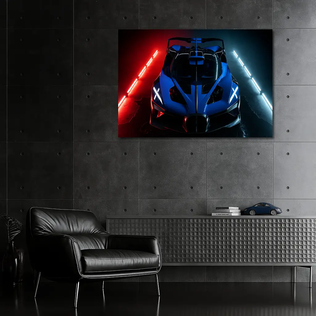 Bugatti Bolide Blue Supercar Neon Studio – Wall Art