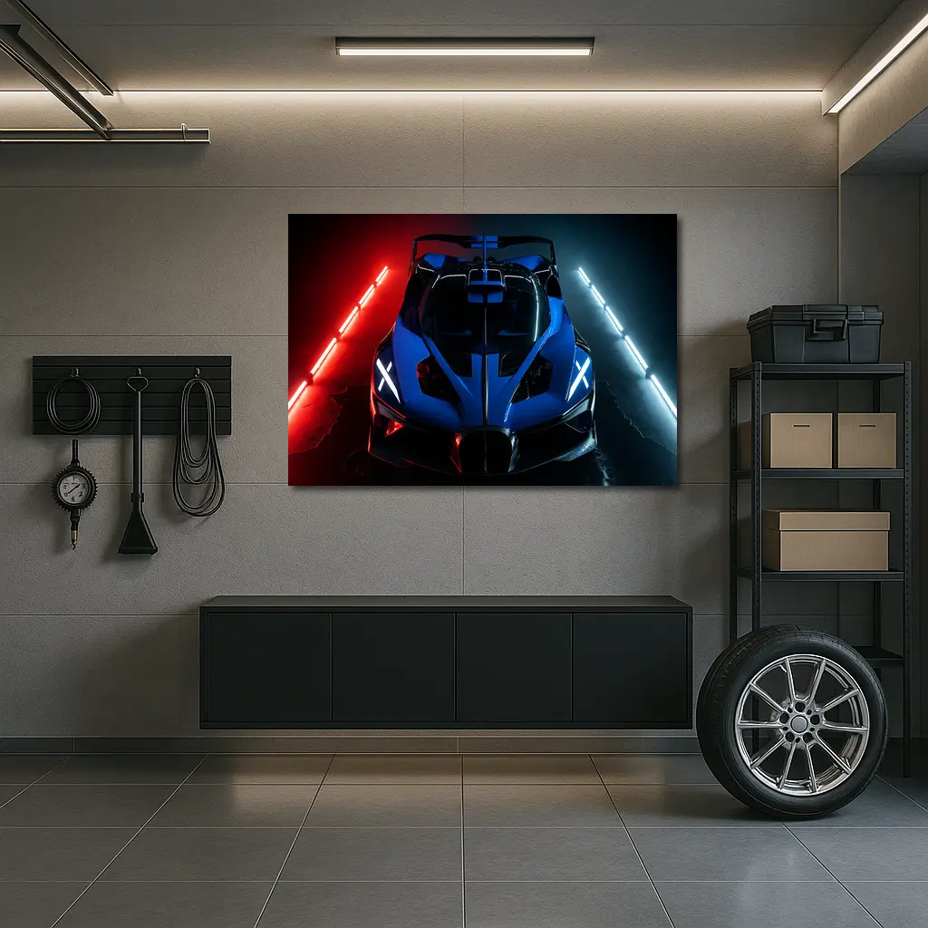 Bugatti Bolide Blue Supercar Neon Studio – Wall Art