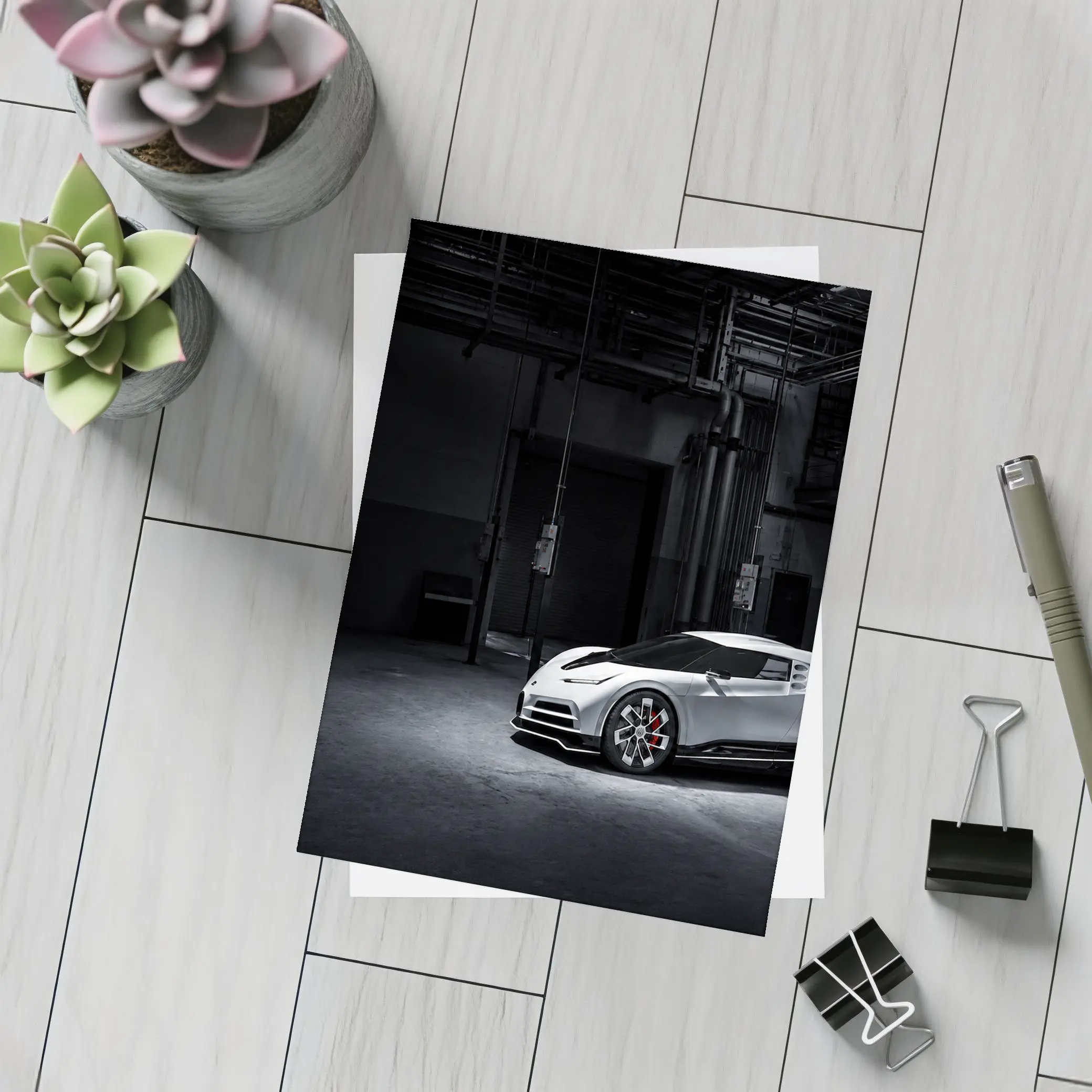 Bugatti Centodieci White Supercar Dark Warehouse – Postcards