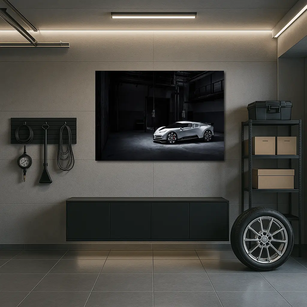 Bugatti Centodieci White Supercar Dark Warehouse – Wall Art