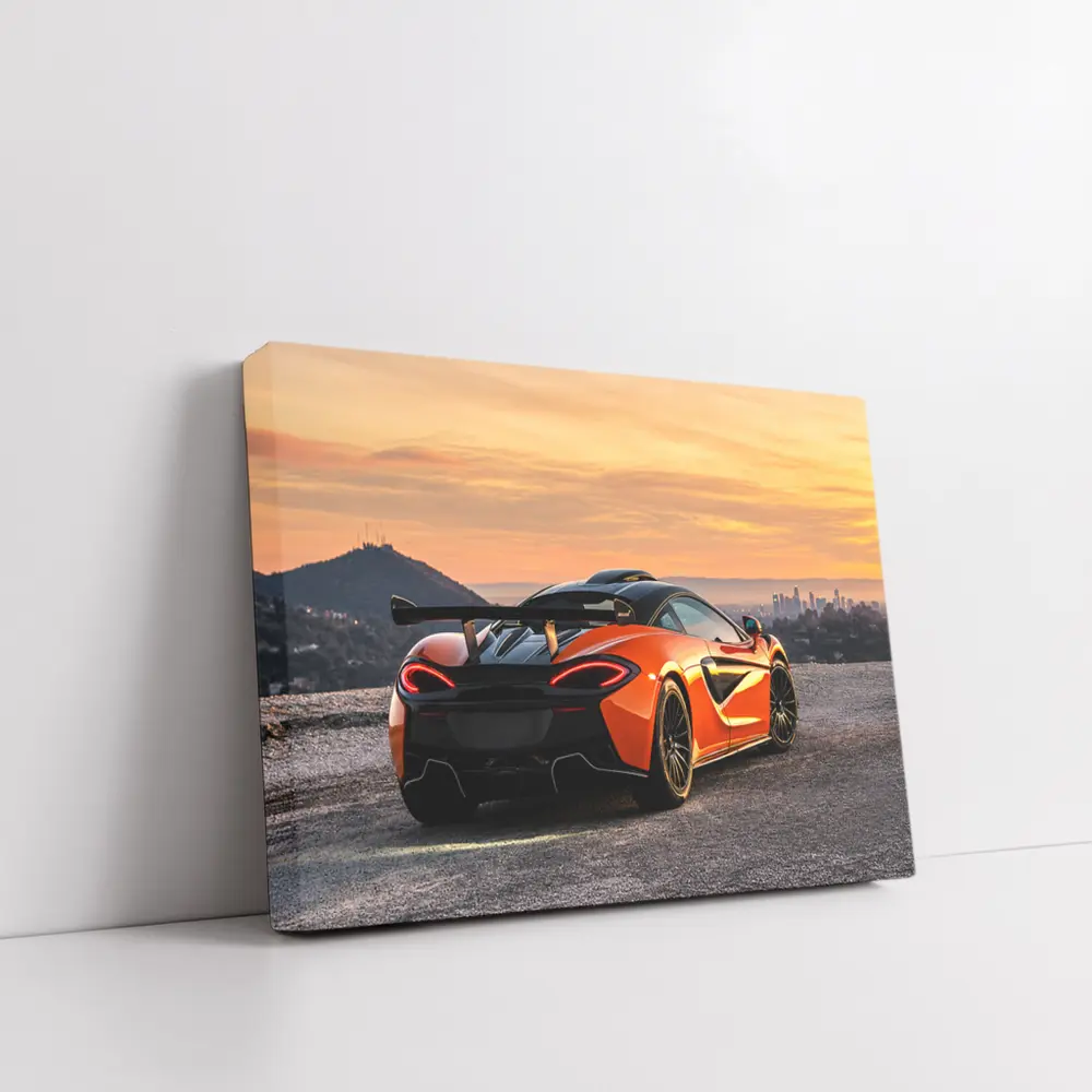 McLaren 620R Orange Coupe Rear View at Sunset – Wall Art
