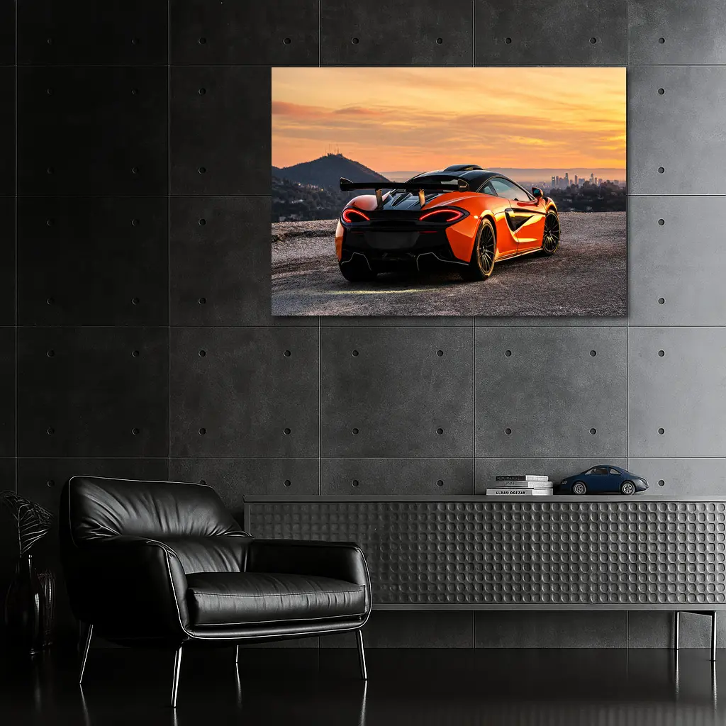 McLaren 620R Orange Coupe Rear View at Sunset – Wall Art