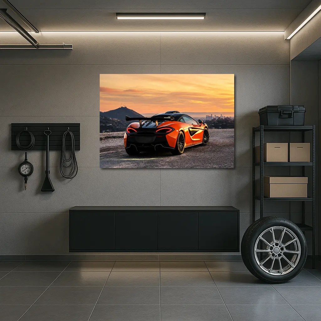 McLaren 620R Orange Coupe Rear View at Sunset – Wall Art