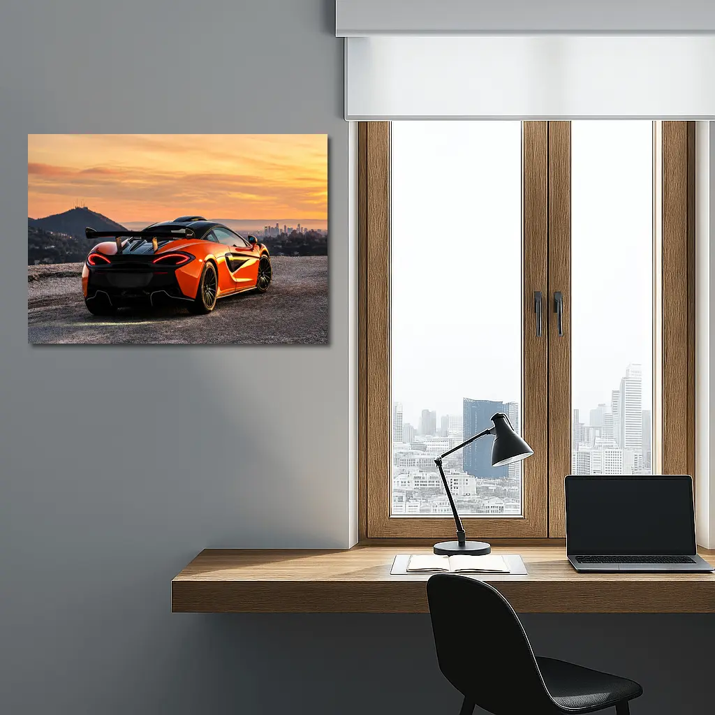 McLaren 620R Orange Coupe Rear View at Sunset – Wall Art