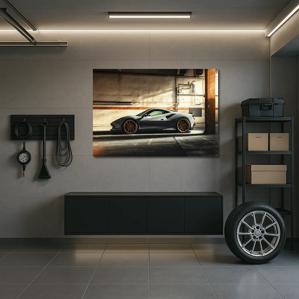Ferrari 488 GTB Gray Garage Side Profile – Wall Art