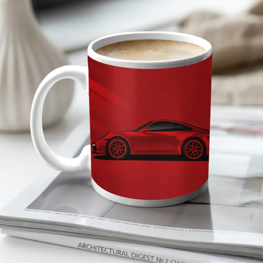 Red Porsche 911 Minimal Bold Red Background – Mugs