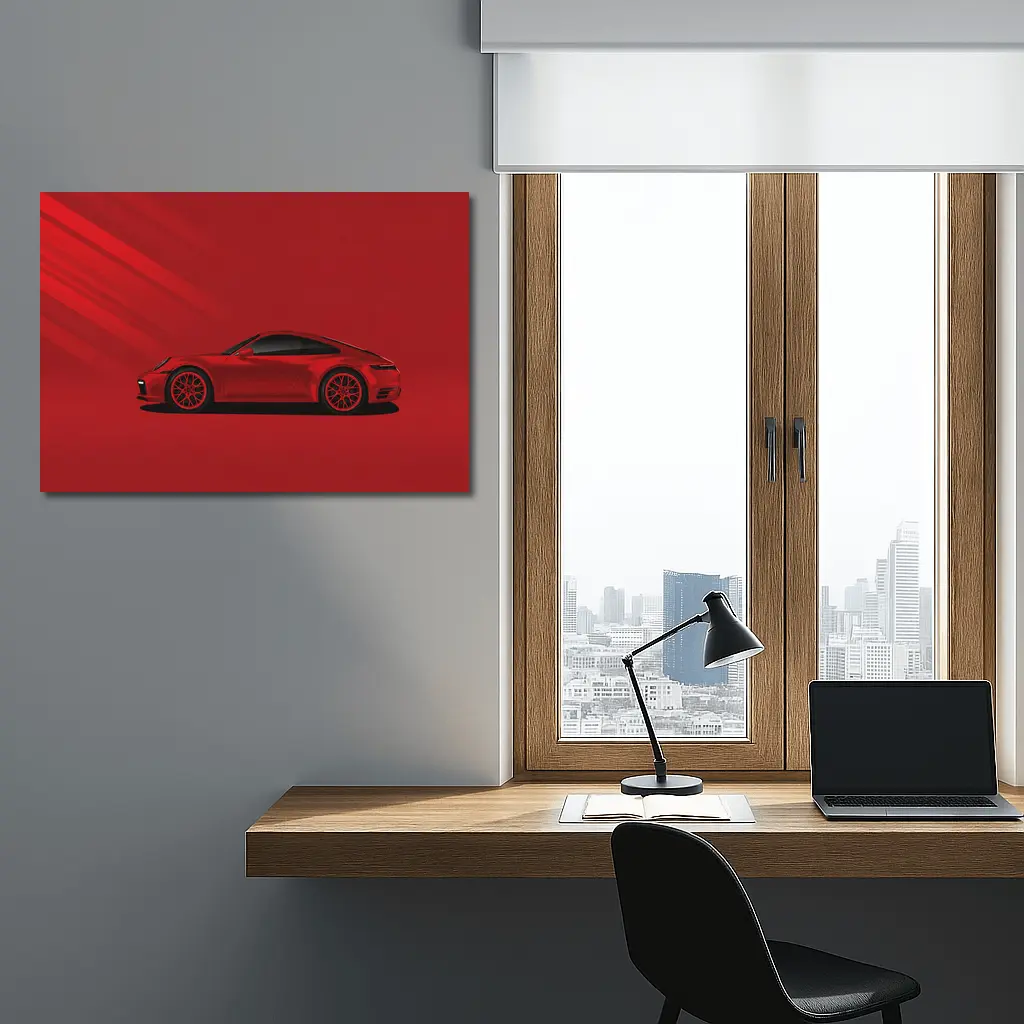 Red Porsche 911 Minimal Bold Red Background – Wall Art