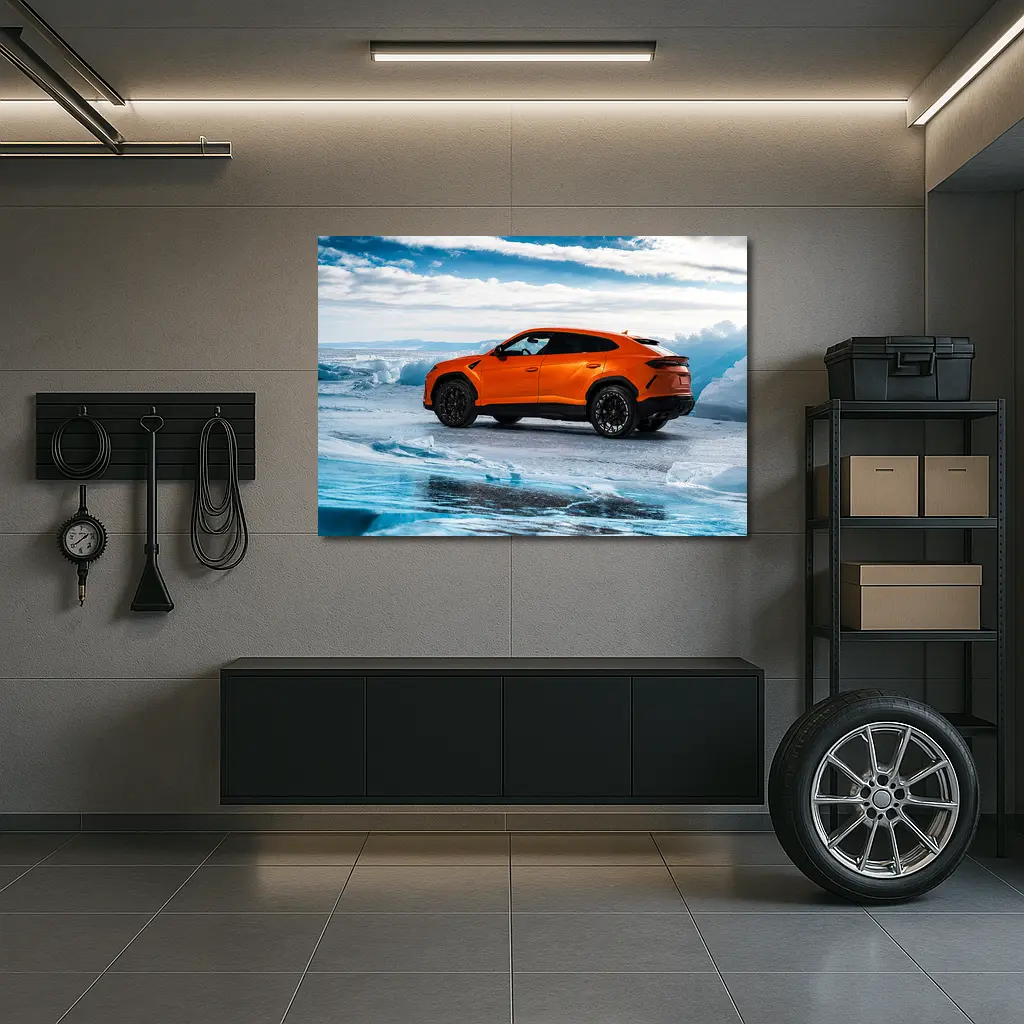 Lamborghini Urus Orange on Frozen Ice – Wall Art