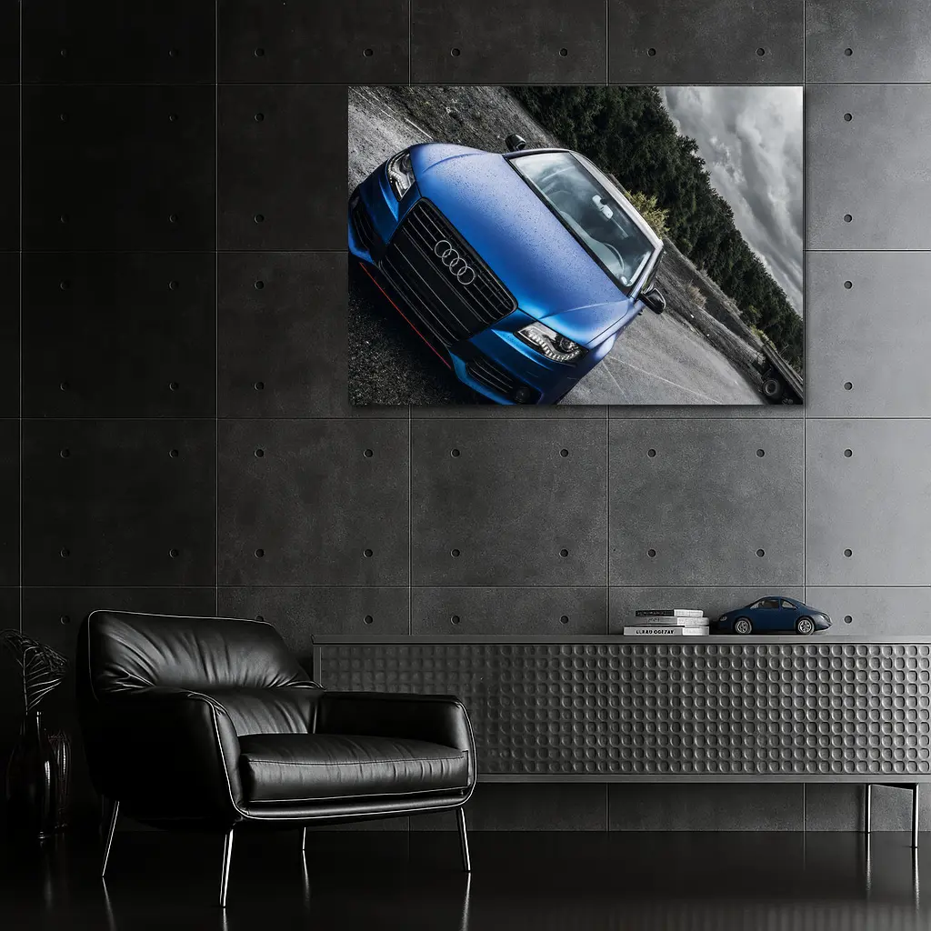 Audi A4 Matte Blue Wet Parking Lot – Wall Art