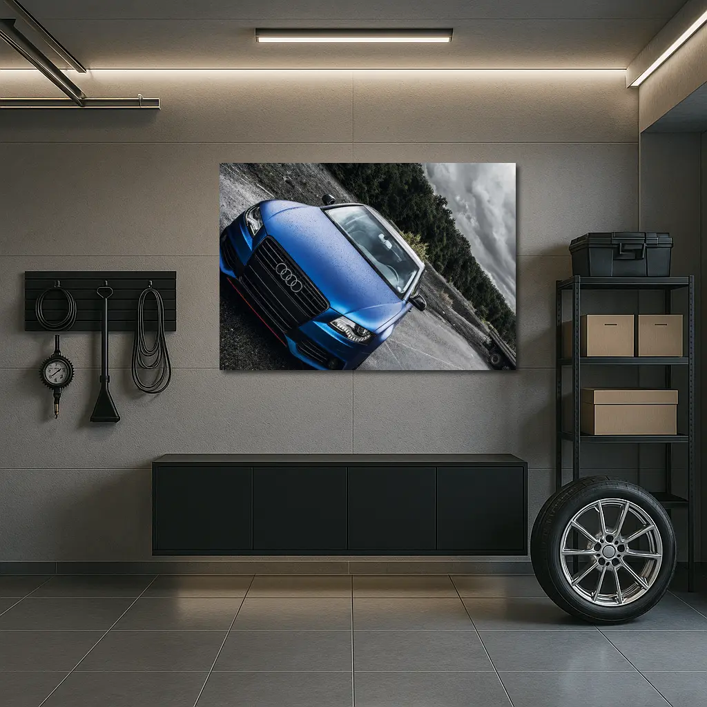Audi A4 Matte Blue Wet Parking Lot – Wall Art