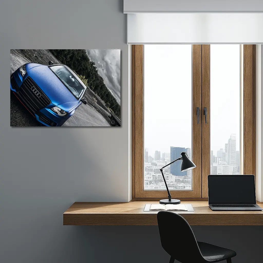 Audi A4 Matte Blue Wet Parking Lot – Wall Art