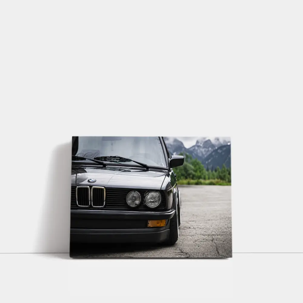 BMW E28 Black Front Mountains Background – Wall Art
