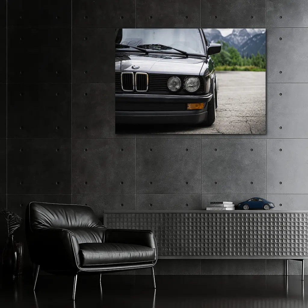 BMW E28 Black Front Mountains Background – Wall Art