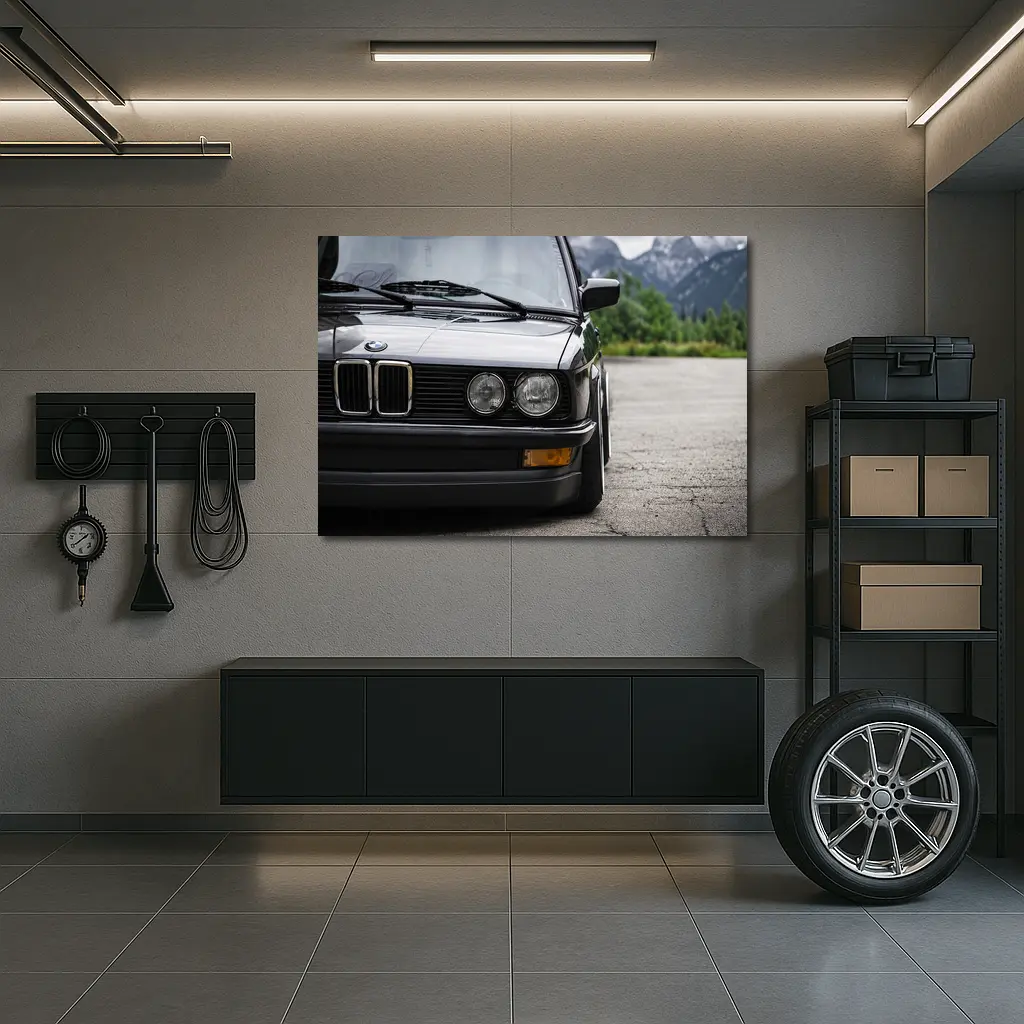 BMW E28 Black Front Mountains Background – Wall Art