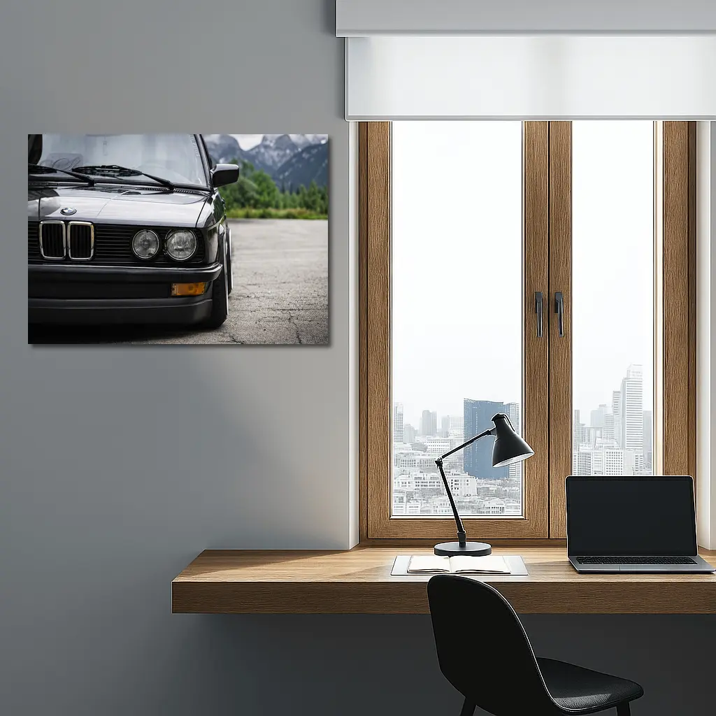 BMW E28 Black Front Mountains Background – Wall Art