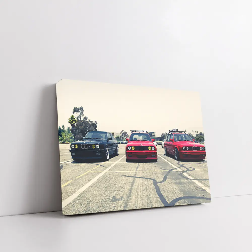 Three BMW E30 Cars Parked Parking Lot – Wall Art