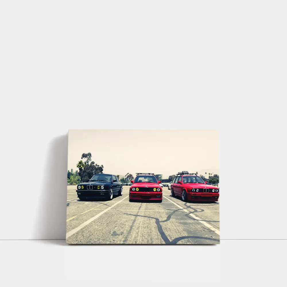Three BMW E30 Cars Parked Parking Lot – Wall Art