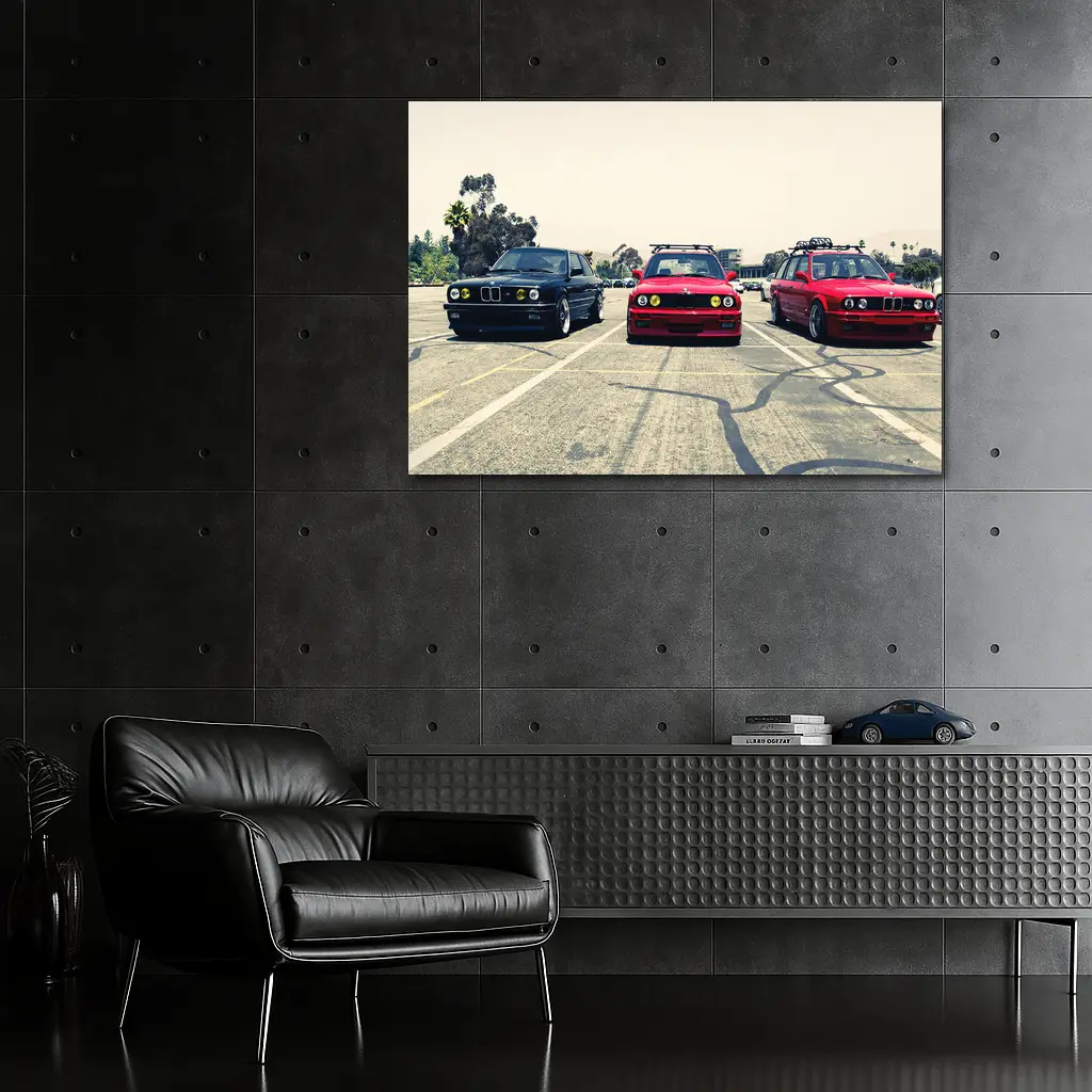 Three BMW E30 Cars Parked Parking Lot – Wall Art