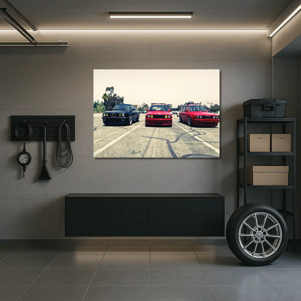 Three BMW E30 Cars Parked Parking Lot – Wall Art