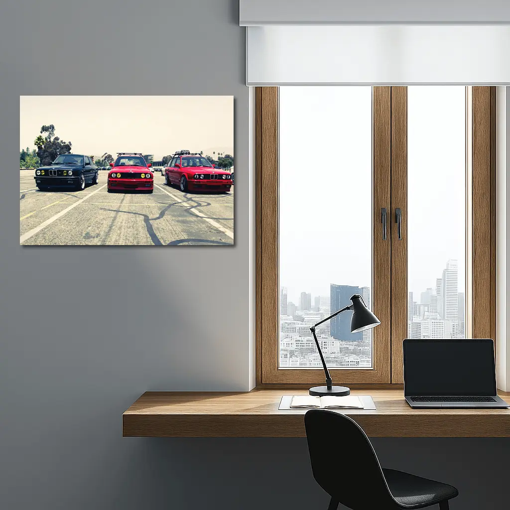 Three BMW E30 Cars Parked Parking Lot – Wall Art