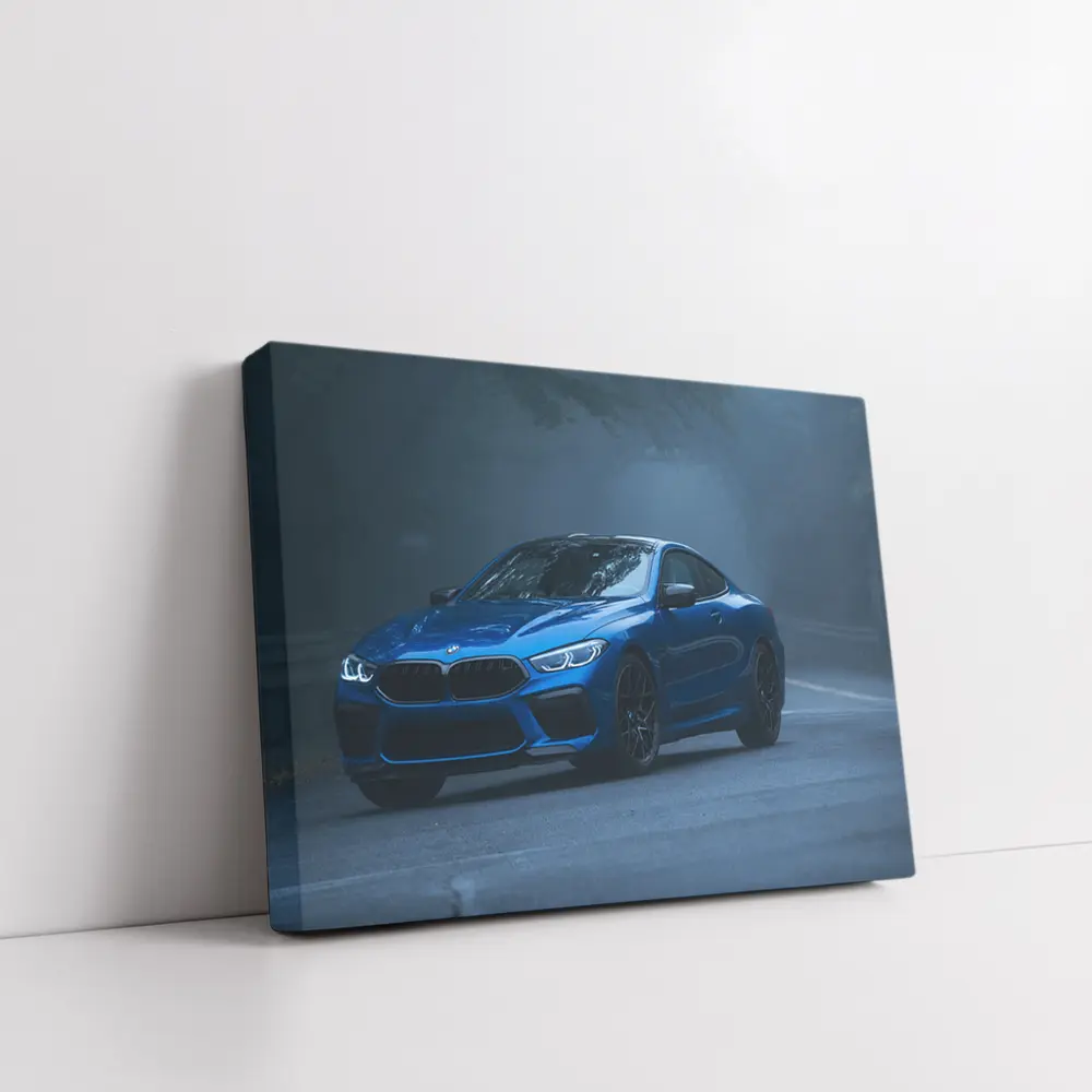 BMW M8 Blue Coupe Foggy Forest Road – Wall Art