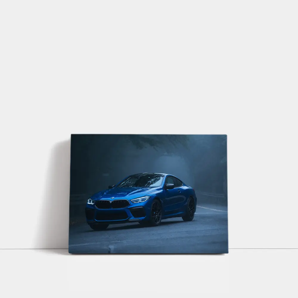 BMW M8 Blue Coupe Foggy Forest Road – Wall Art