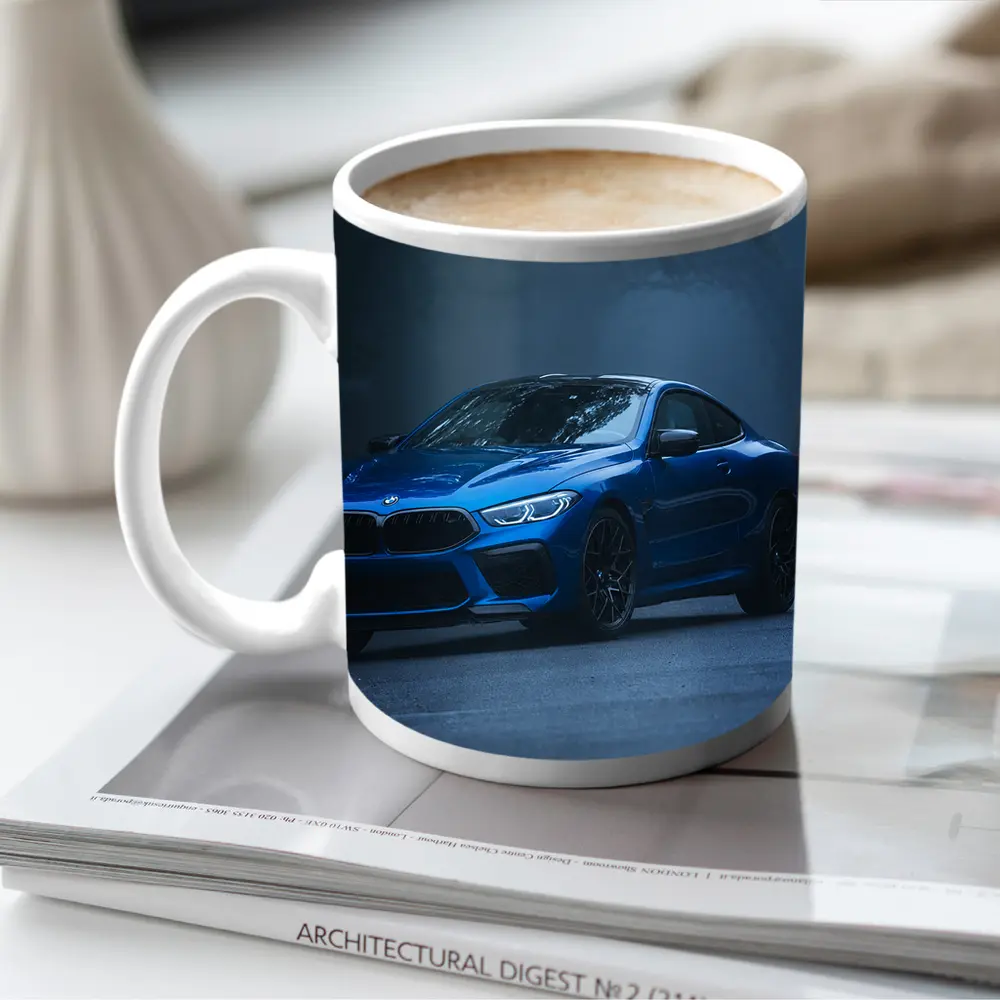 BMW M8 Blue Coupe Foggy Forest Road – Mugs