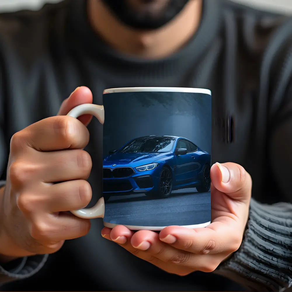 BMW M8 Blue Coupe Foggy Forest Road – Mugs
