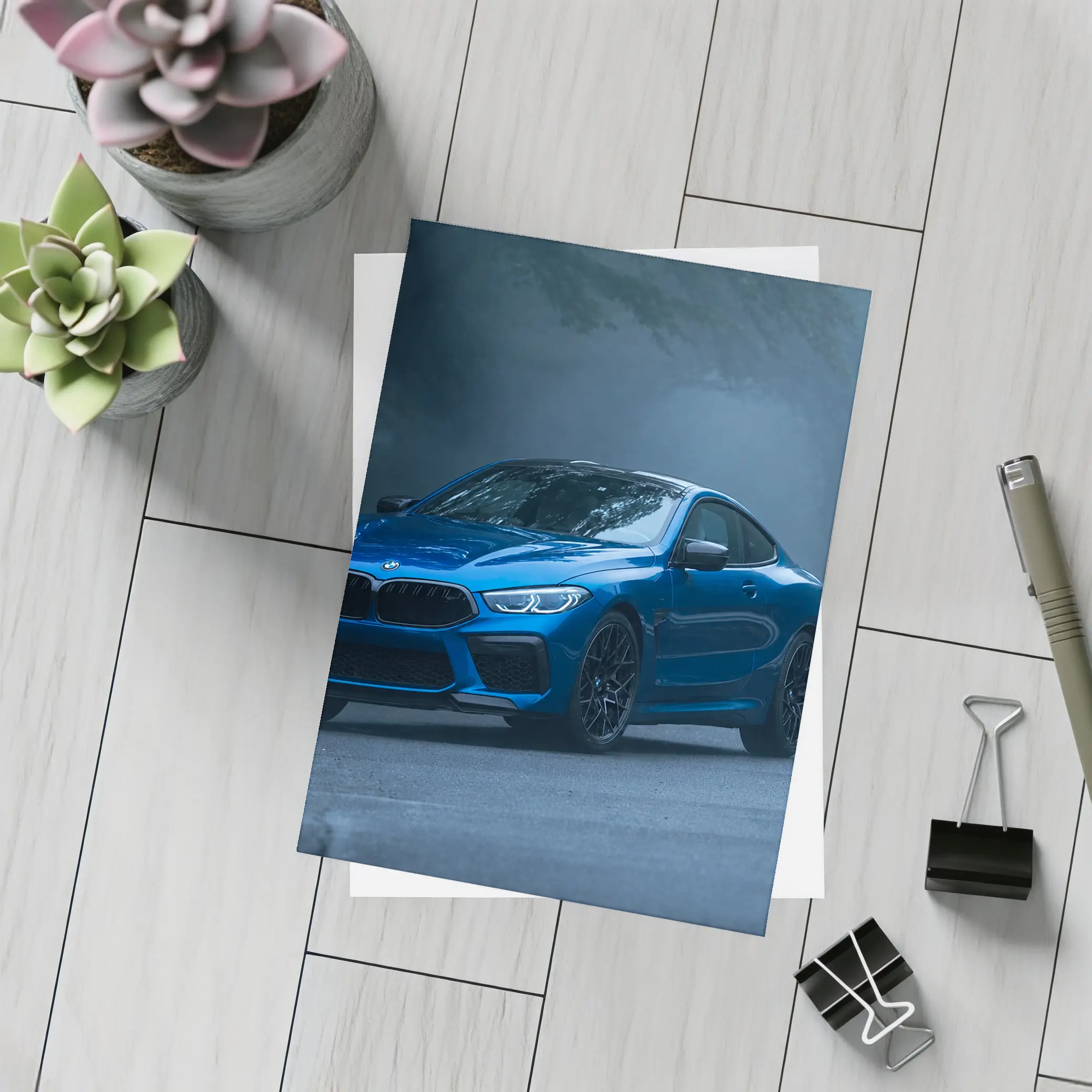 BMW M8 Blue Coupe Foggy Forest Road – Postcards