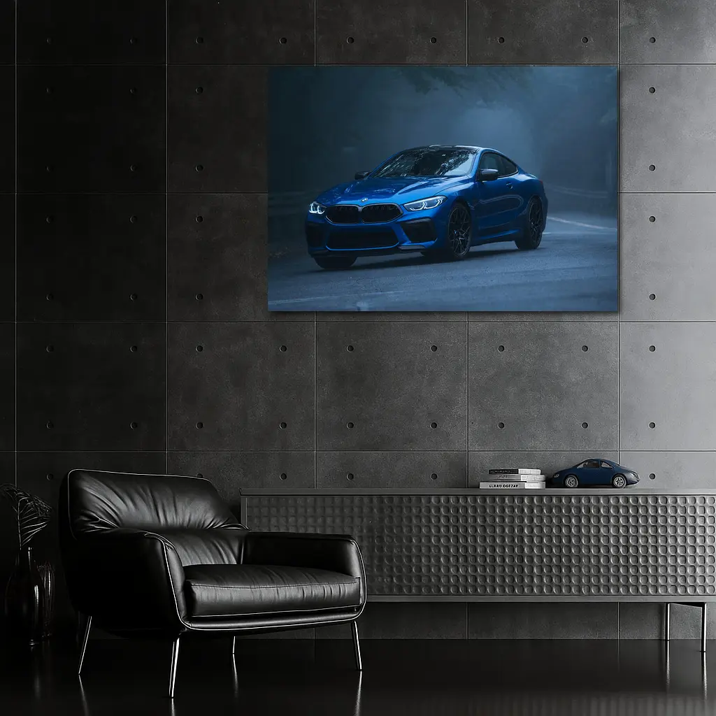 BMW M8 Blue Coupe Foggy Forest Road – Wall Art