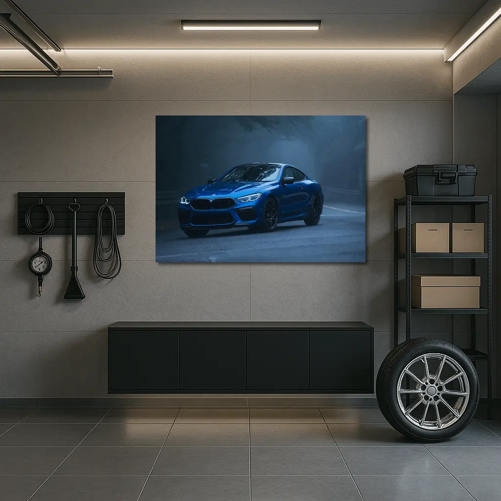 BMW M8 Blue Coupe Foggy Forest Road – Wall Art