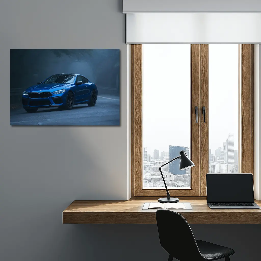 BMW M8 Blue Coupe Foggy Forest Road – Wall Art