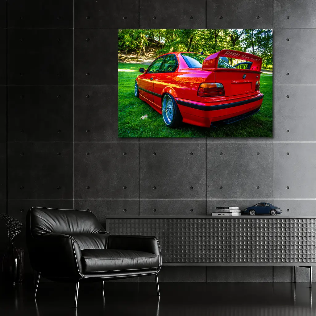 Red BMW M3 E36 Parked on Grass – Wall Art