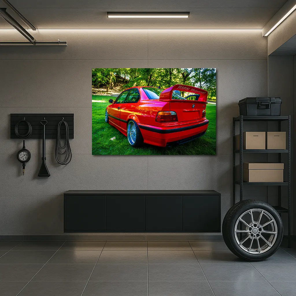 Red BMW M3 E36 Parked on Grass – Wall Art