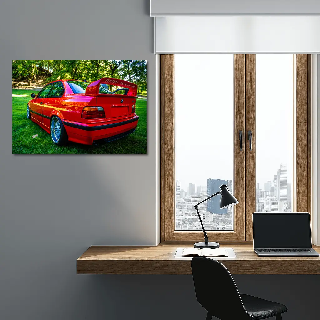 Red BMW M3 E36 Parked on Grass – Wall Art