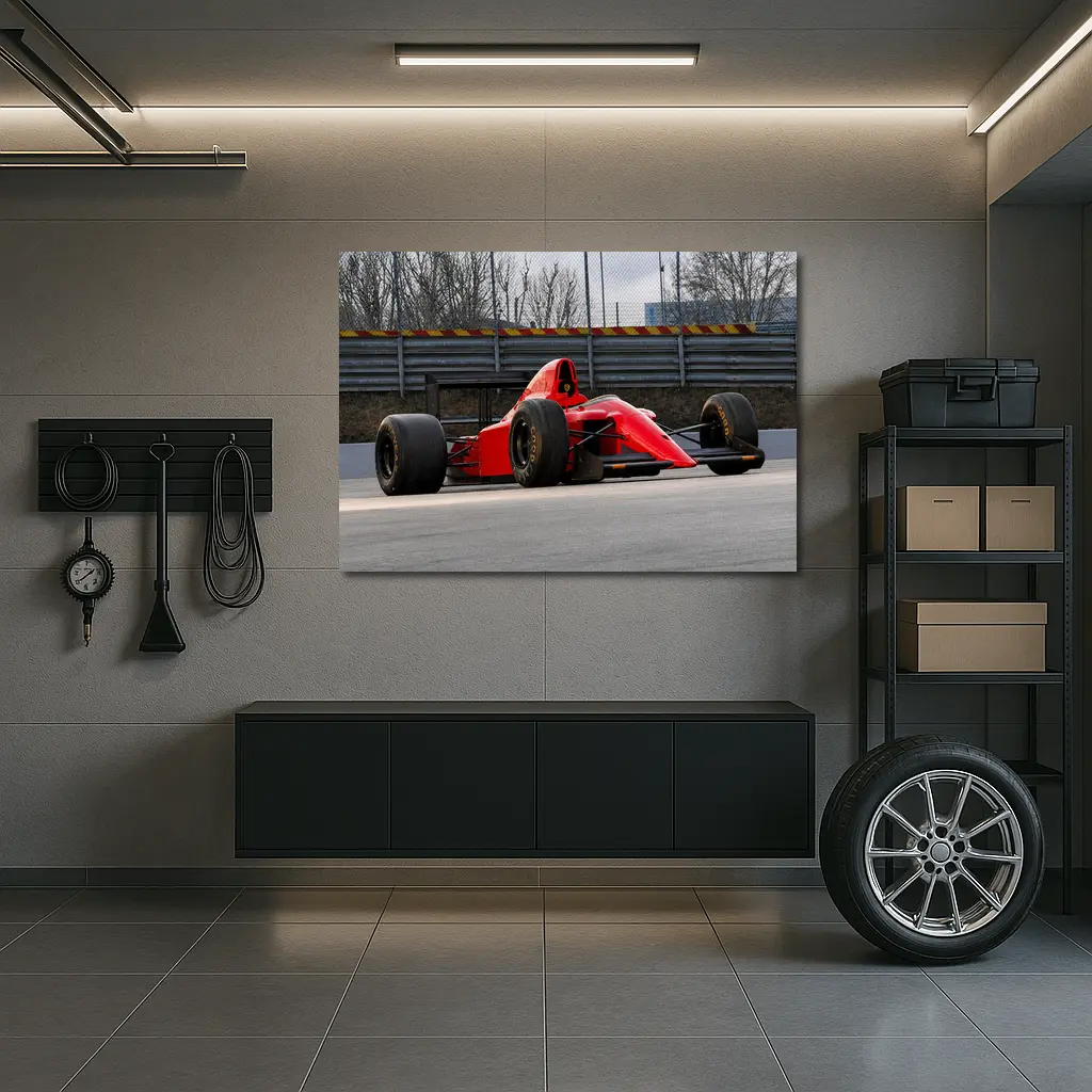 Red Formula One Car On Racing Circuit – Wall Art