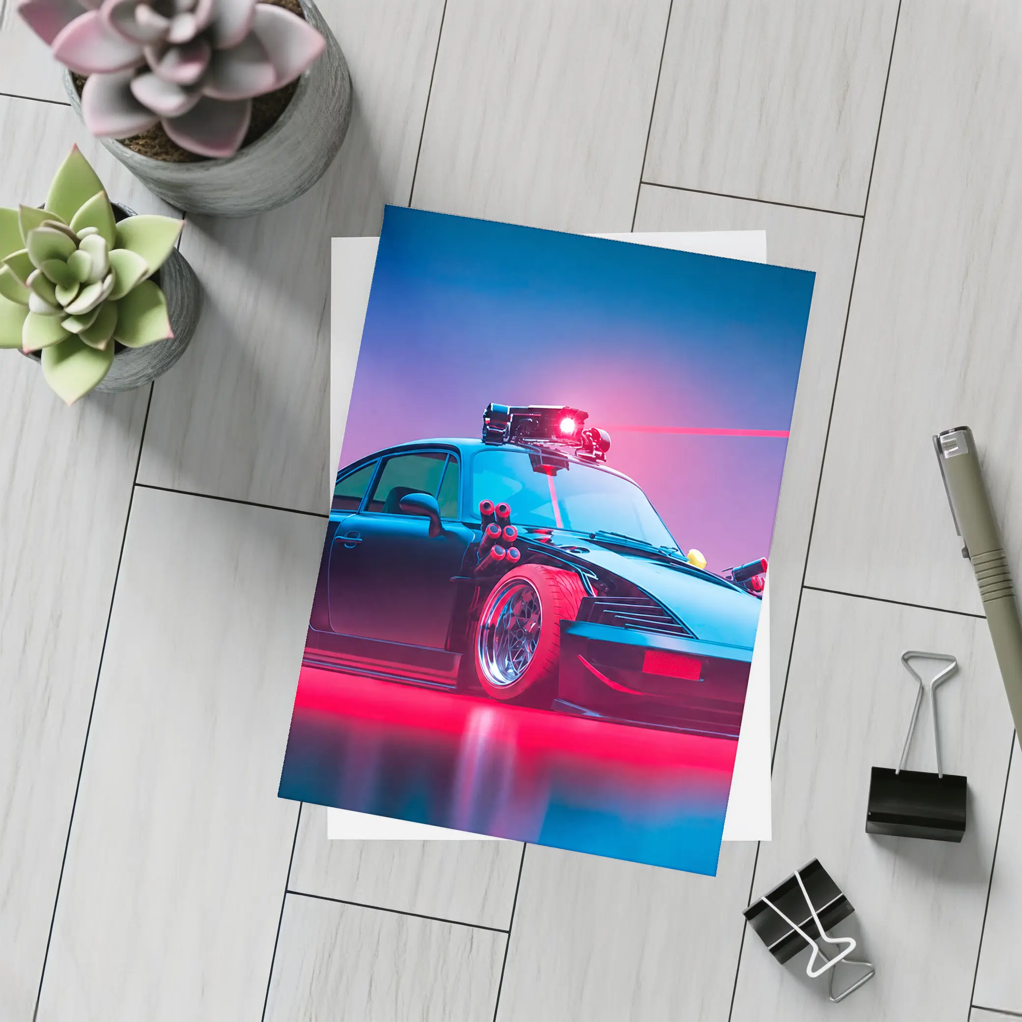 Porsche 911 Black Neon Cyberpunk Laser Art – Postcards