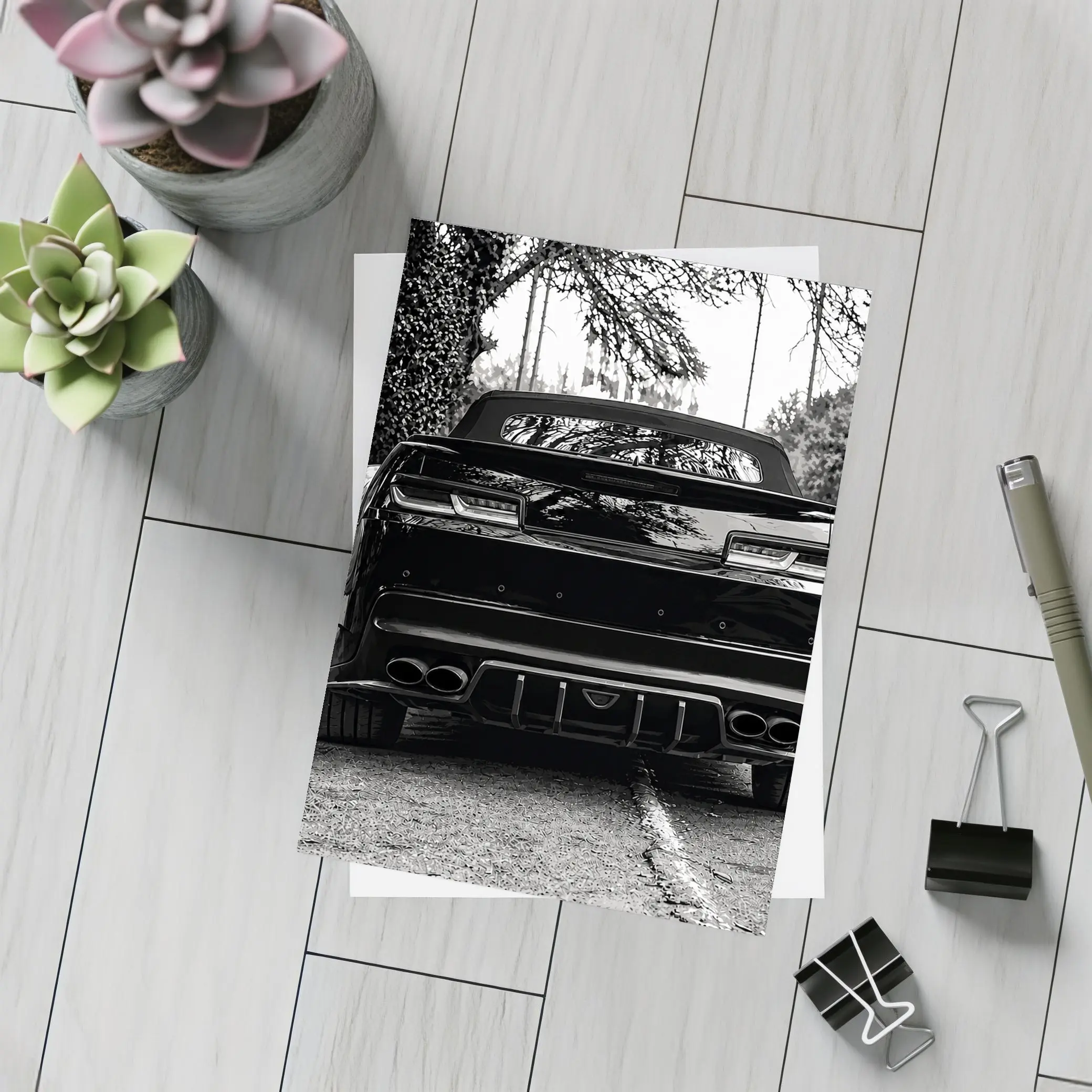 Chevrolet Camaro Black and White Road Shot – Postcards