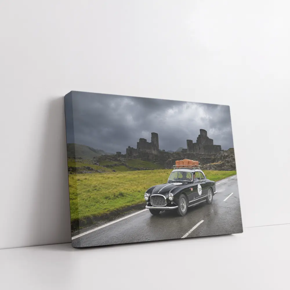 Classic Ferrari Coupe Rainy Castle Ruins – Wall Art