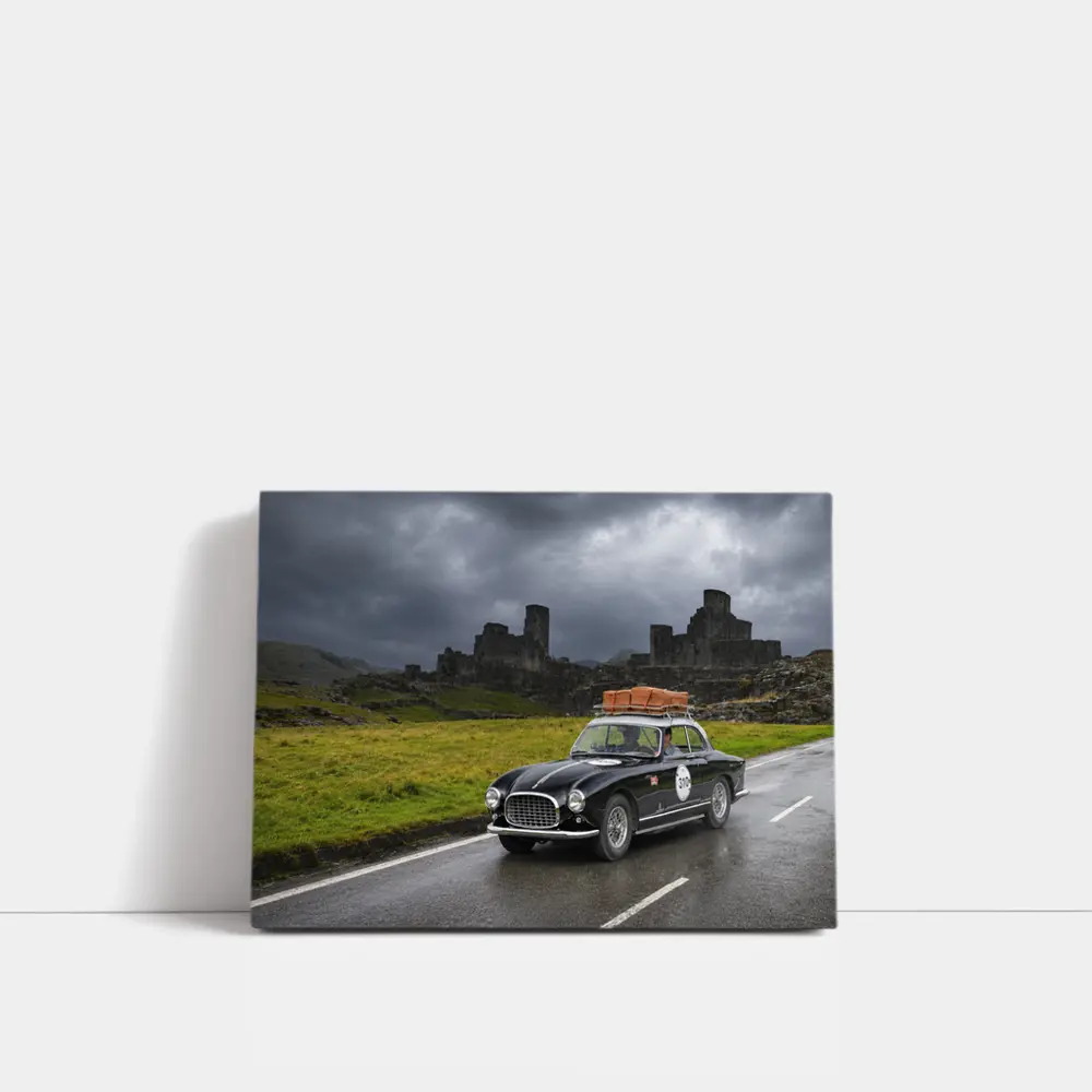 Classic Ferrari Coupe Rainy Castle Ruins – Wall Art