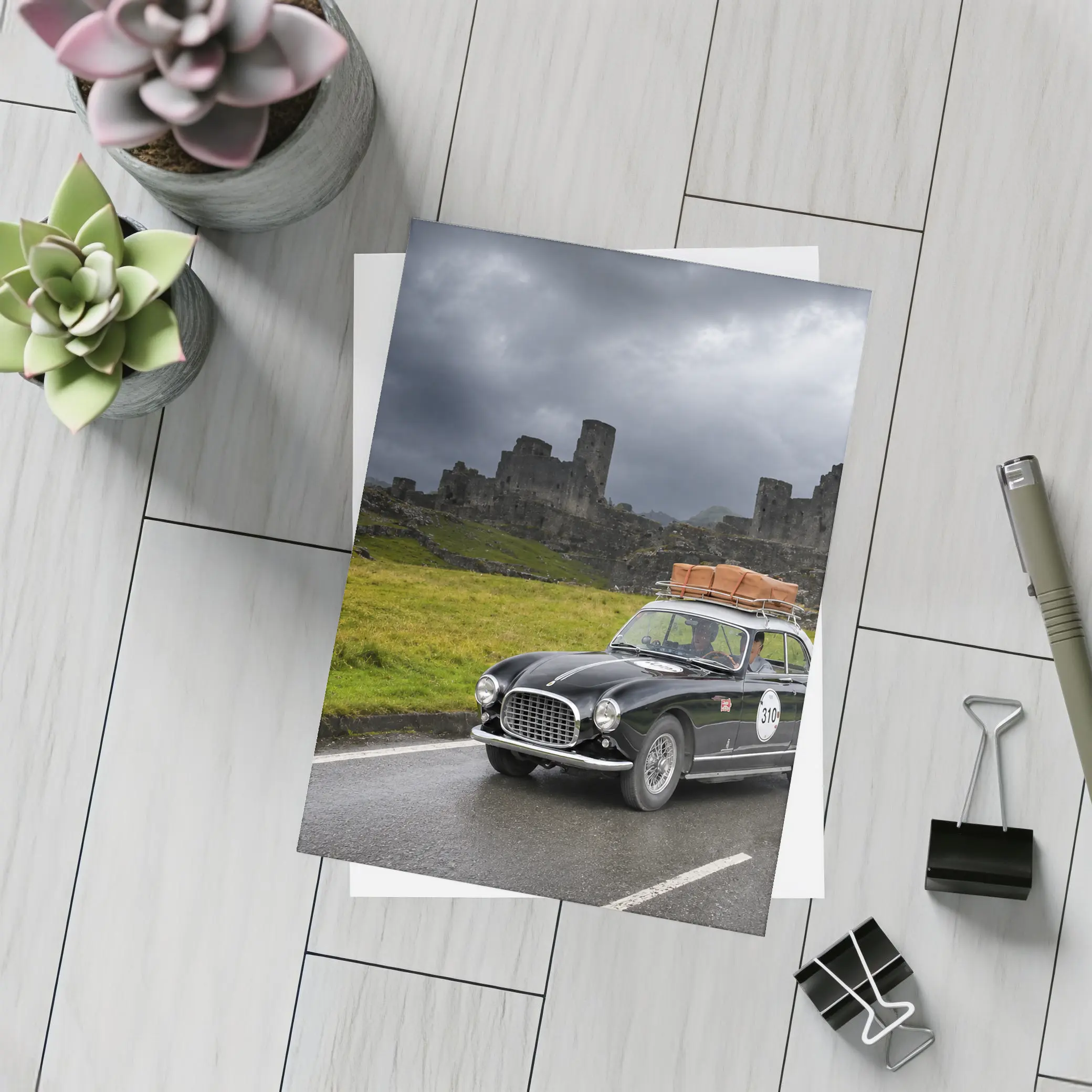 Classic Ferrari Coupe Rainy Castle Ruins – Postcards