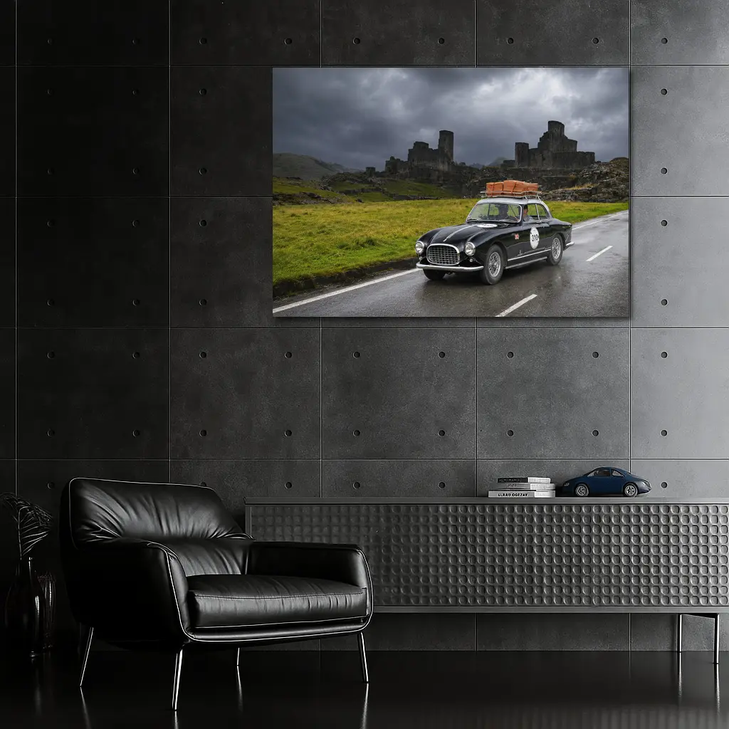 Classic Ferrari Coupe Rainy Castle Ruins – Wall Art