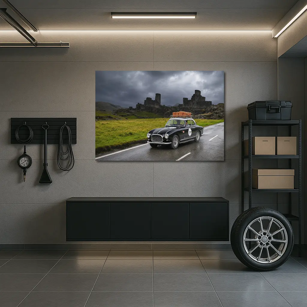 Classic Ferrari Coupe Rainy Castle Ruins – Wall Art