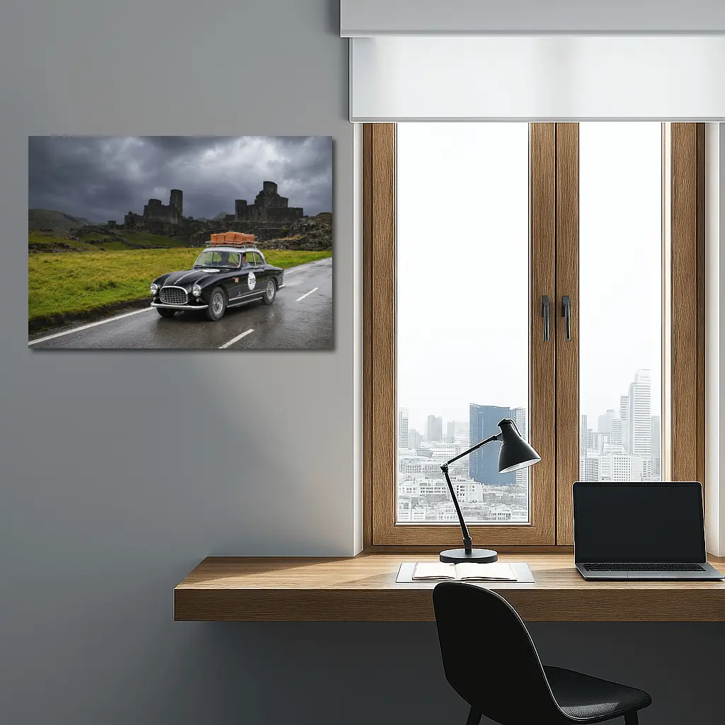 Classic Ferrari Coupe Rainy Castle Ruins – Wall Art